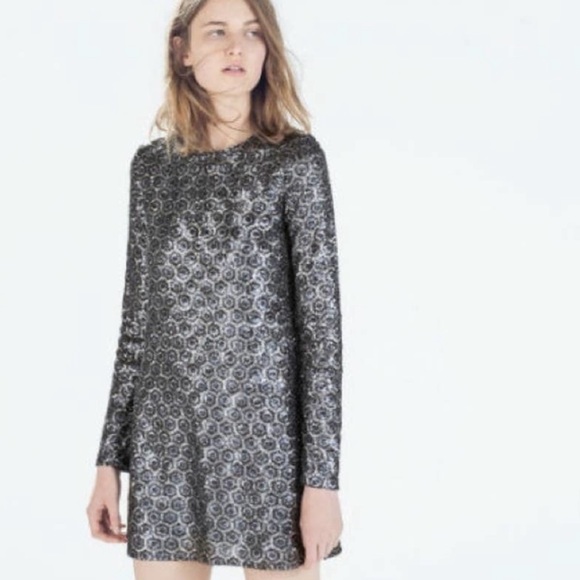 ZARA SILVER SEQUIN LONG SLEEVE DRESS SIZE S RARE - Picture 3 of 6